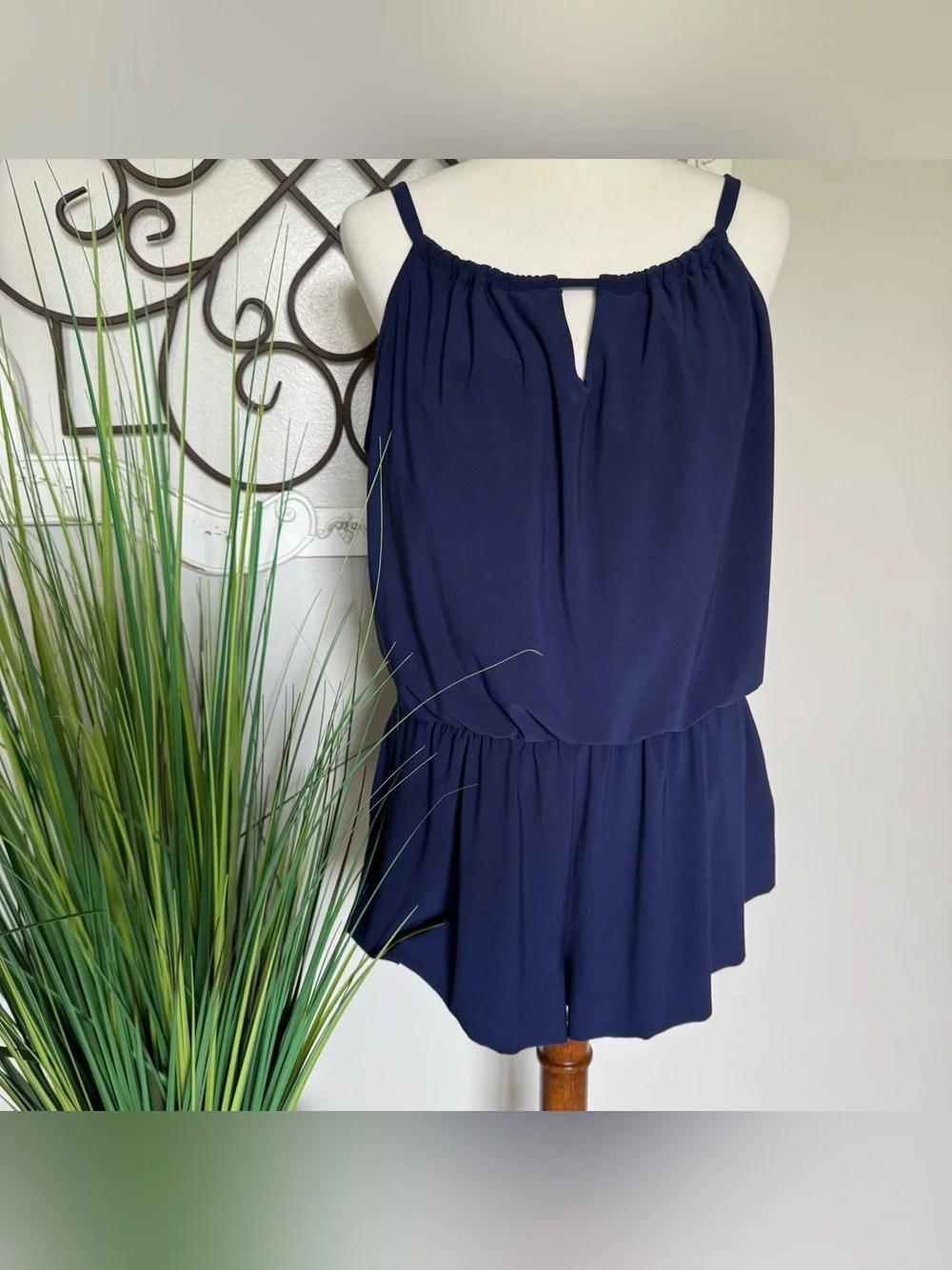 AQUA GREEN Size XL Navy Blue One Piece Romper Style Swimsuit with Pockets
